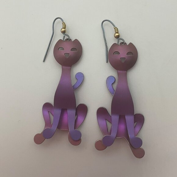 VTG Dangle Earrings Handmade Purple Cat 3D Metal Iridescent Purple - Picture 3 of 7